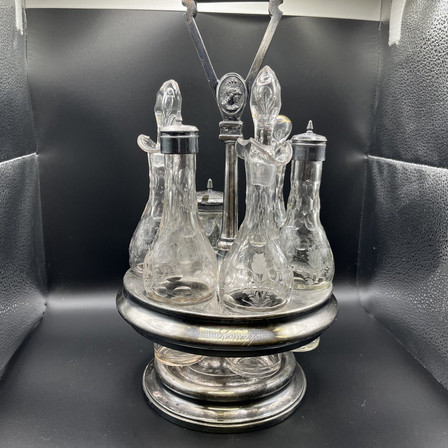 Vintage 6 Pc Condiment castor w/ Etched Glass 14.25"H.