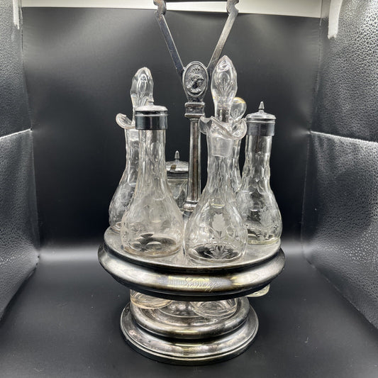 Vintage 6 Pc Condiment castor w/ Etched Glass 14.25"H.