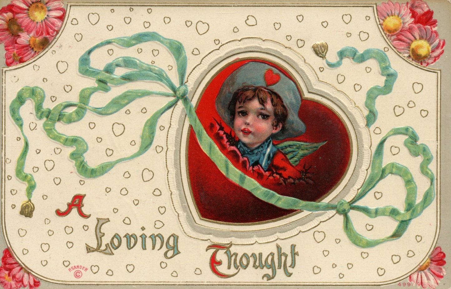 Cowboy Coming Out Of Heart Pink Flowers Green Ribbon P Sander Valentine Postcard