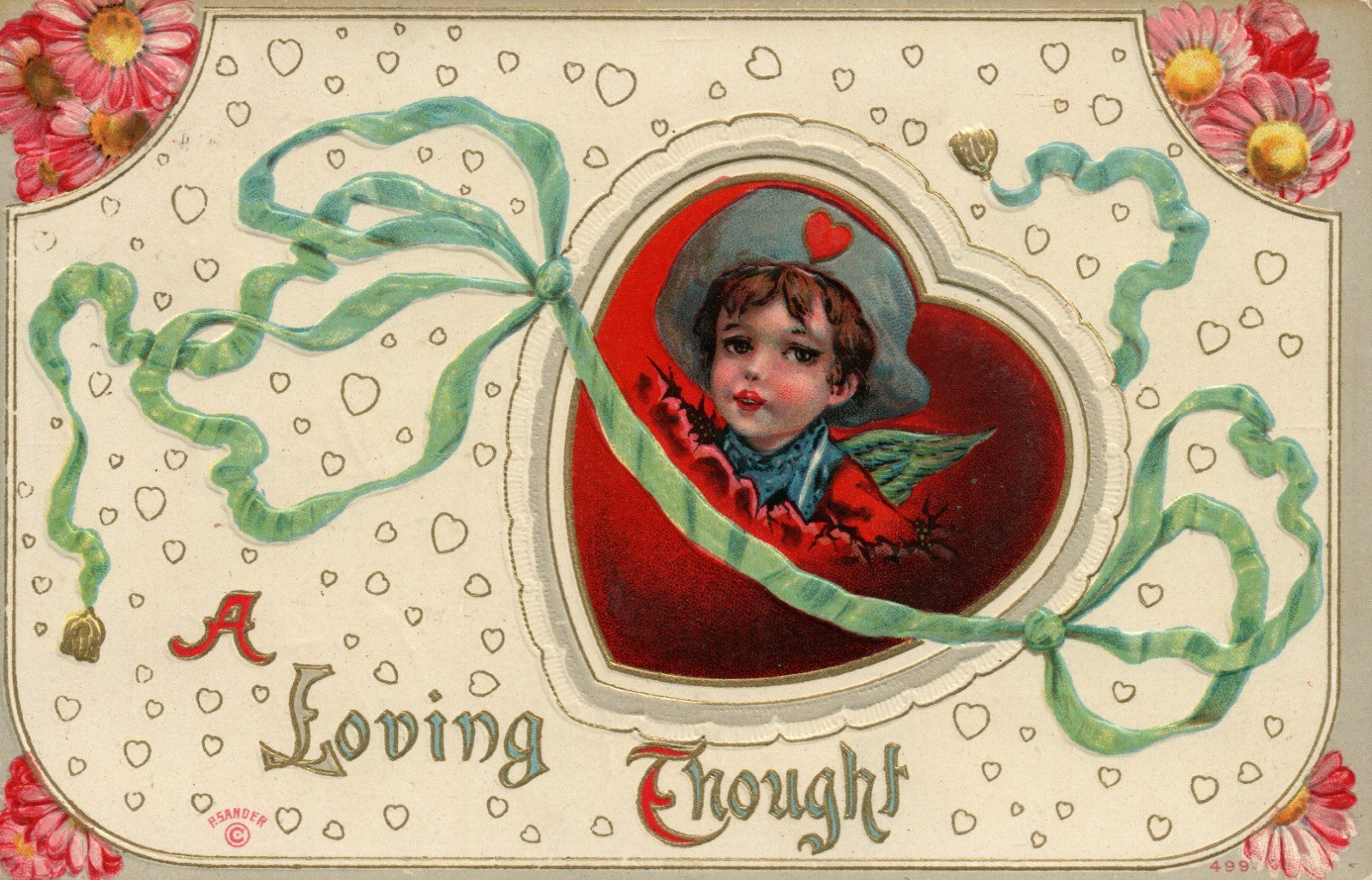 Cowboy Coming Out Of Heart Pink Flowers Green Ribbon P Sander Valentine Postcard