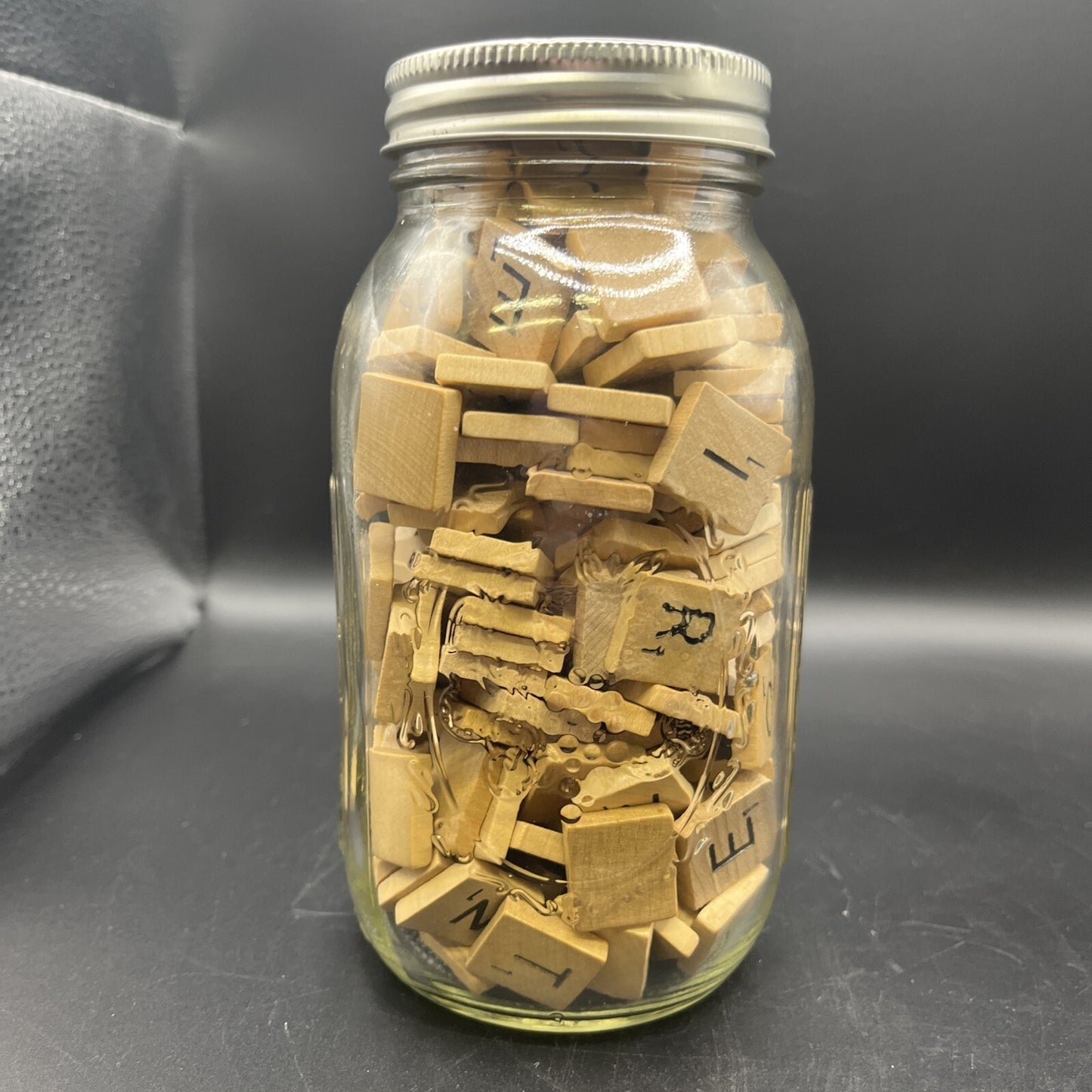 Filled Ball Mason Jar Scrabble Tiles Wooden Letters w Ribbon - Country Decor