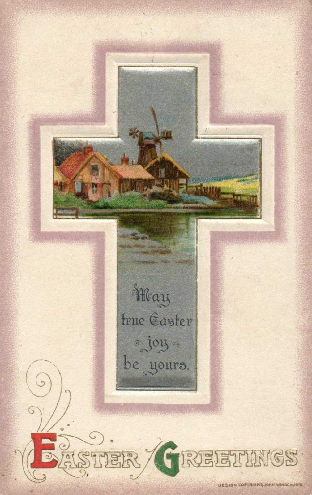 John Winsch Easter Cross With Scenic Windmill Easter Postcard