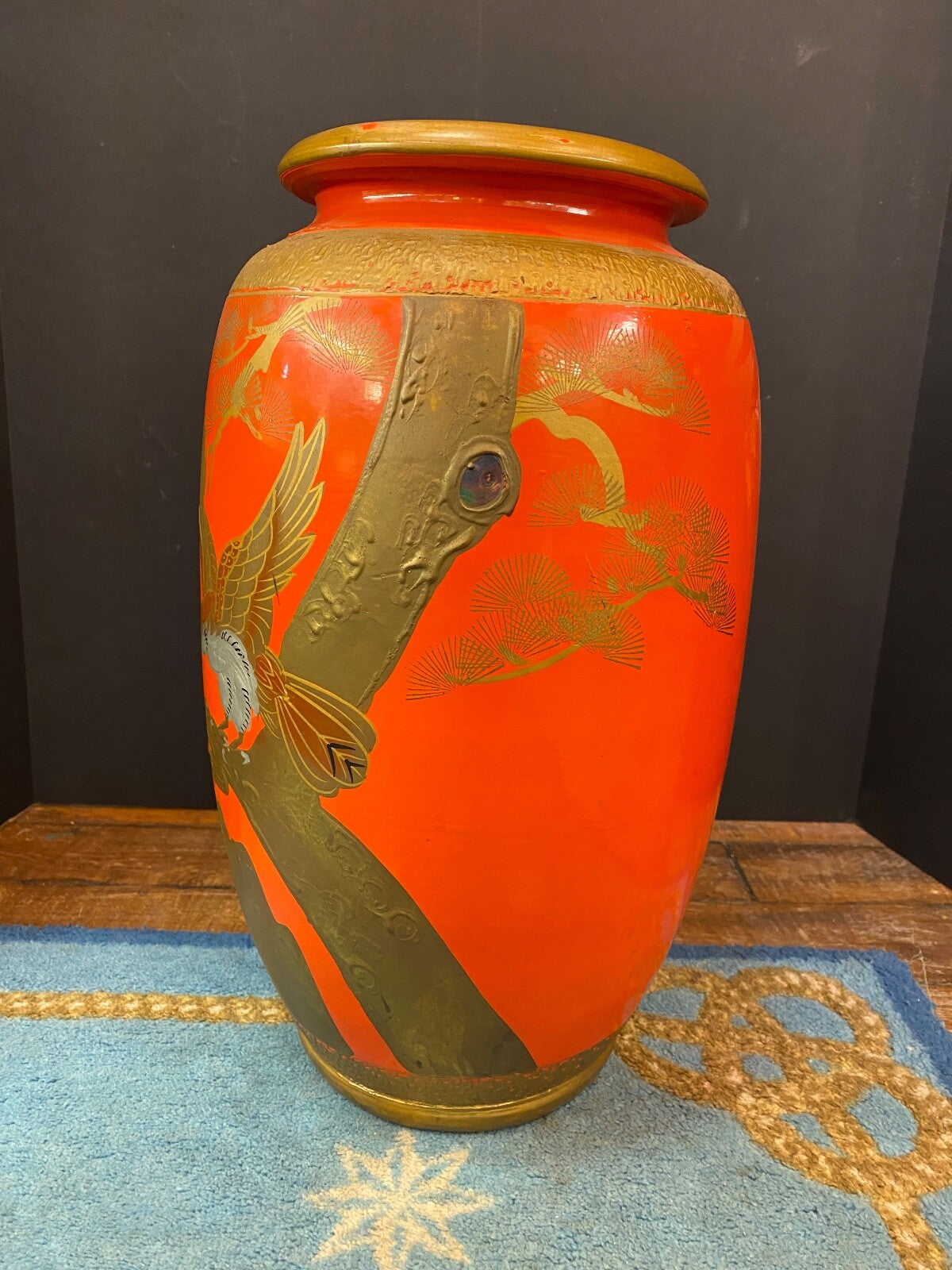 NORLEANS JAPAN 1920 Chinoiserie Cinnabar Style Mother of Pearl Color Orange Vase