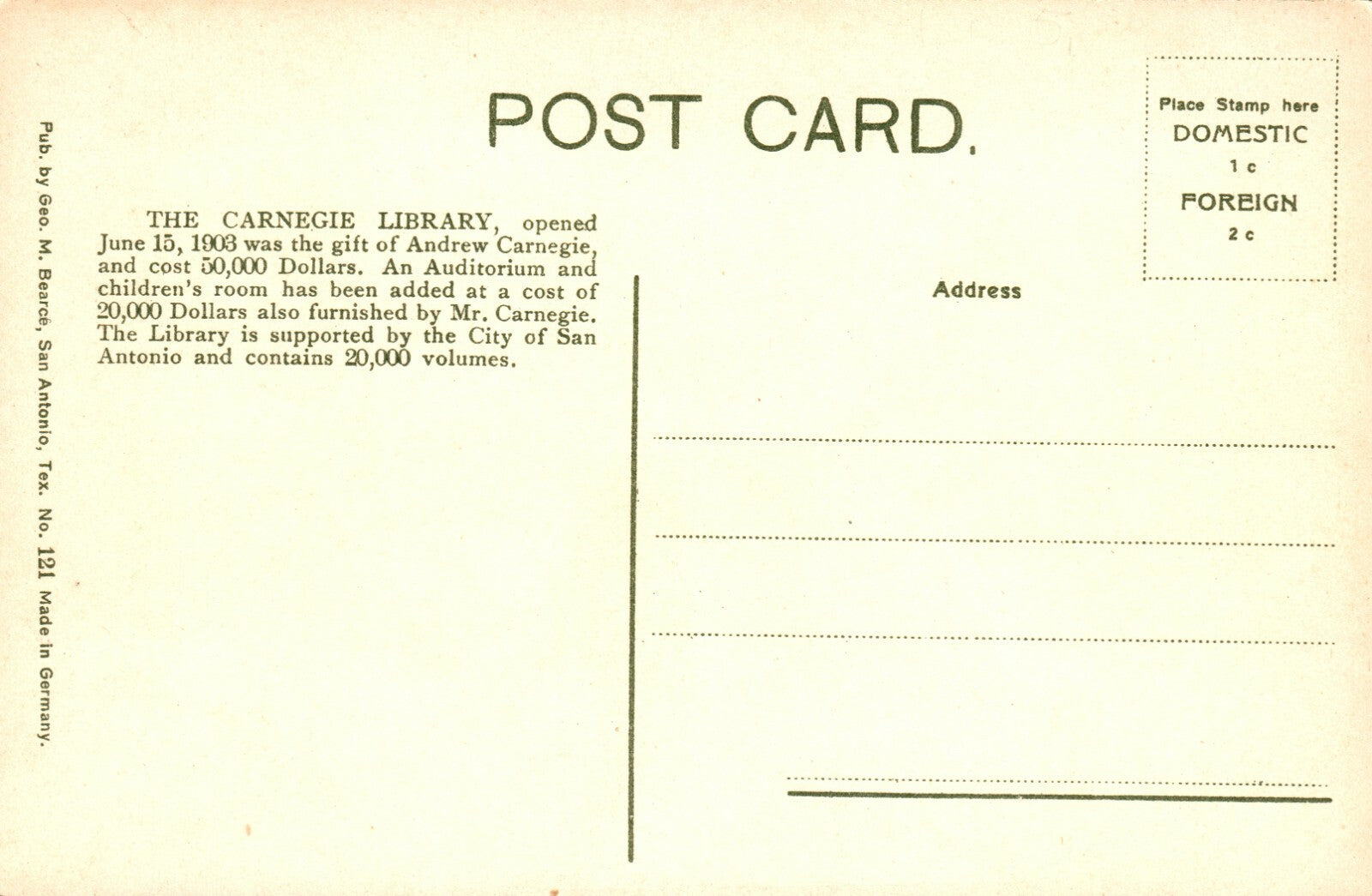 Carnegie Library San Antonio  Tex Texas TX Postcard  