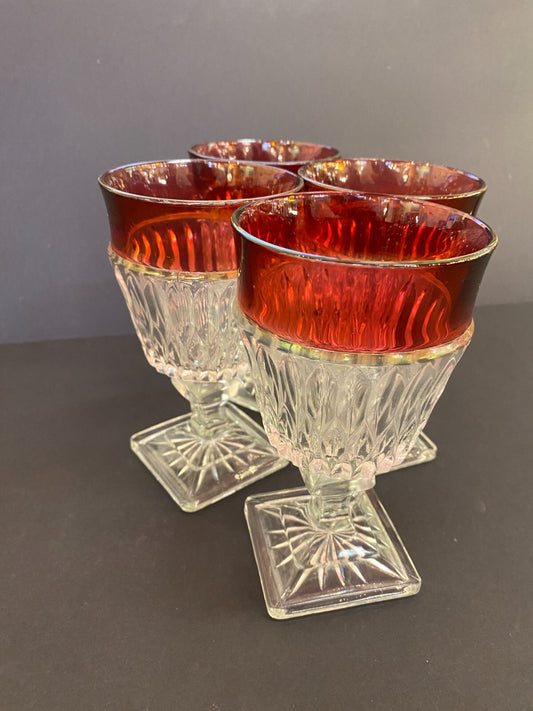 Vintage  Ruby Red Rimmed Set Of 4 Goblet Clear Cut Glass Square Base