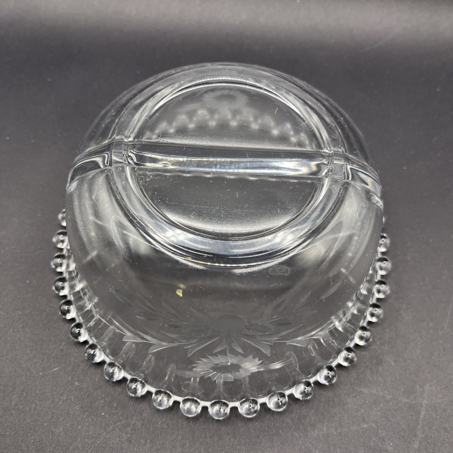 Imperial Candlewick Elegant Glass FLORAL ETCHED DIVIDED BOWL 3 1/2" T, 6 1/2" W