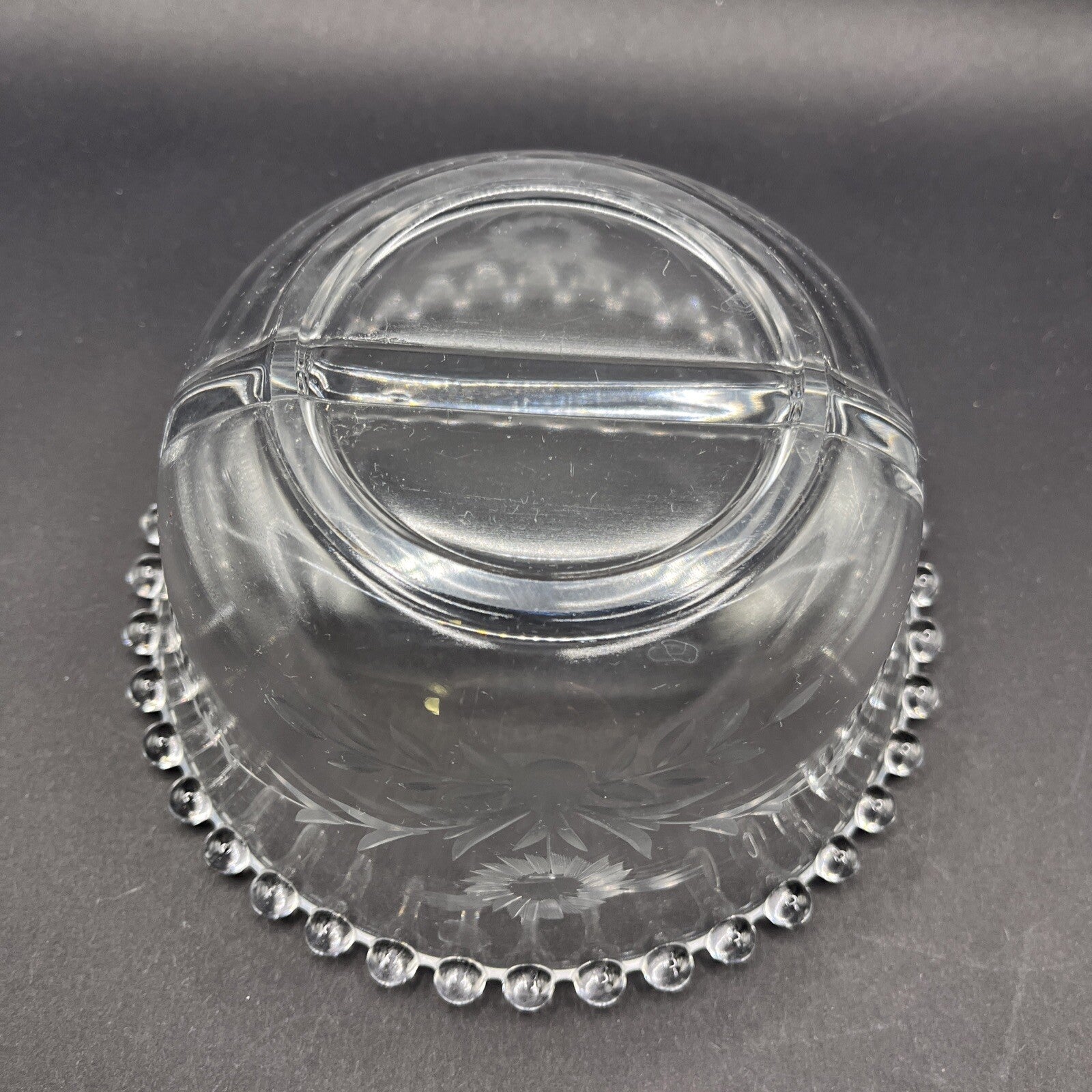 Imperial Candlewick Elegant Glass FLORAL ETCHED DIVIDED BOWL 3 1/2" T, 6 1/2" W