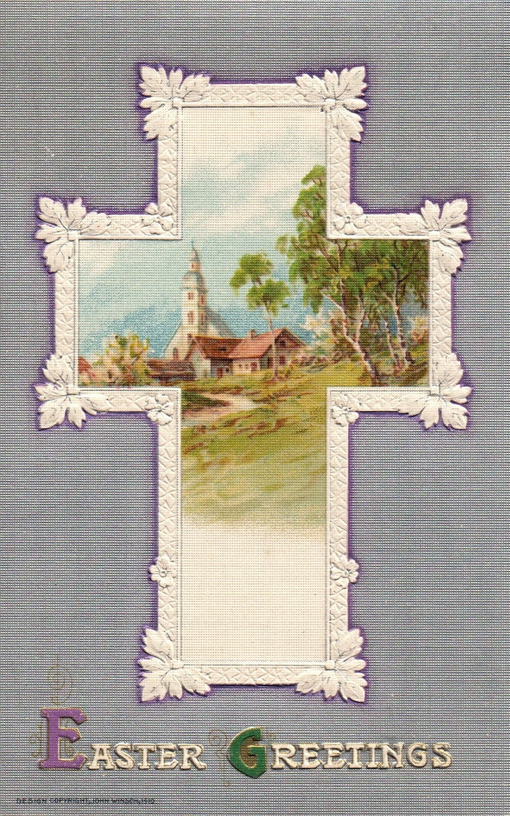 Easter Greetings Embossed Silver Gilt Church Scene Vintage Easter Postcard