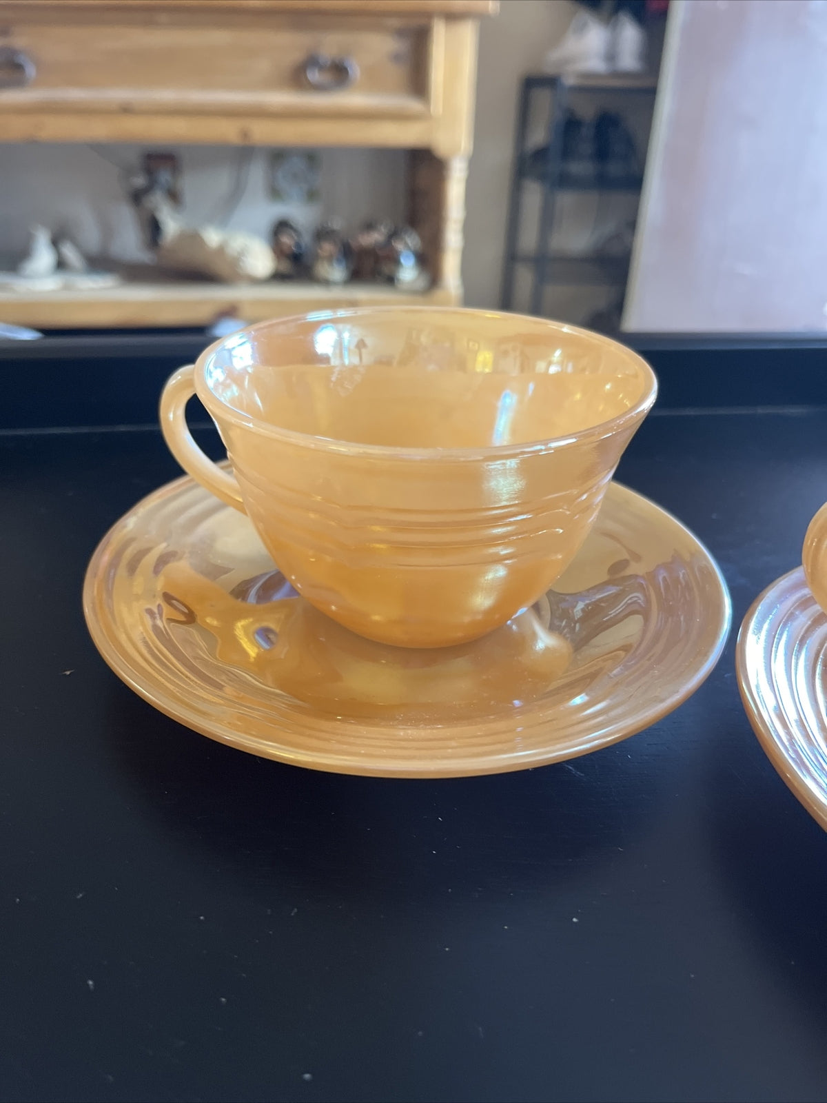 2 Vintage Fire King Oven Ware Peach Lustre Cup & Saucer USA 3 Sets Available