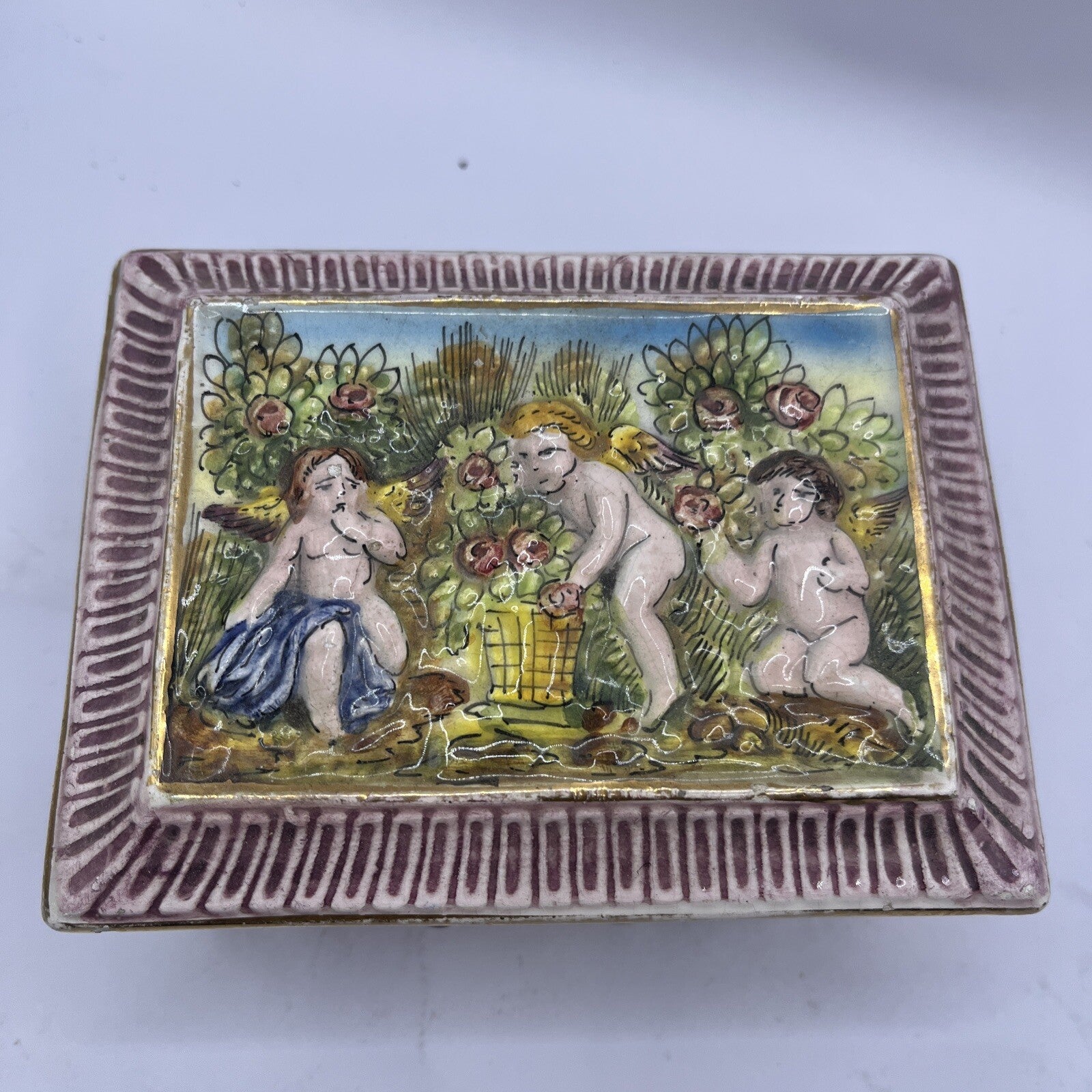 Vintage Capodimonte Porcelain Lidded Trinket Dish with High Relief Cherubs