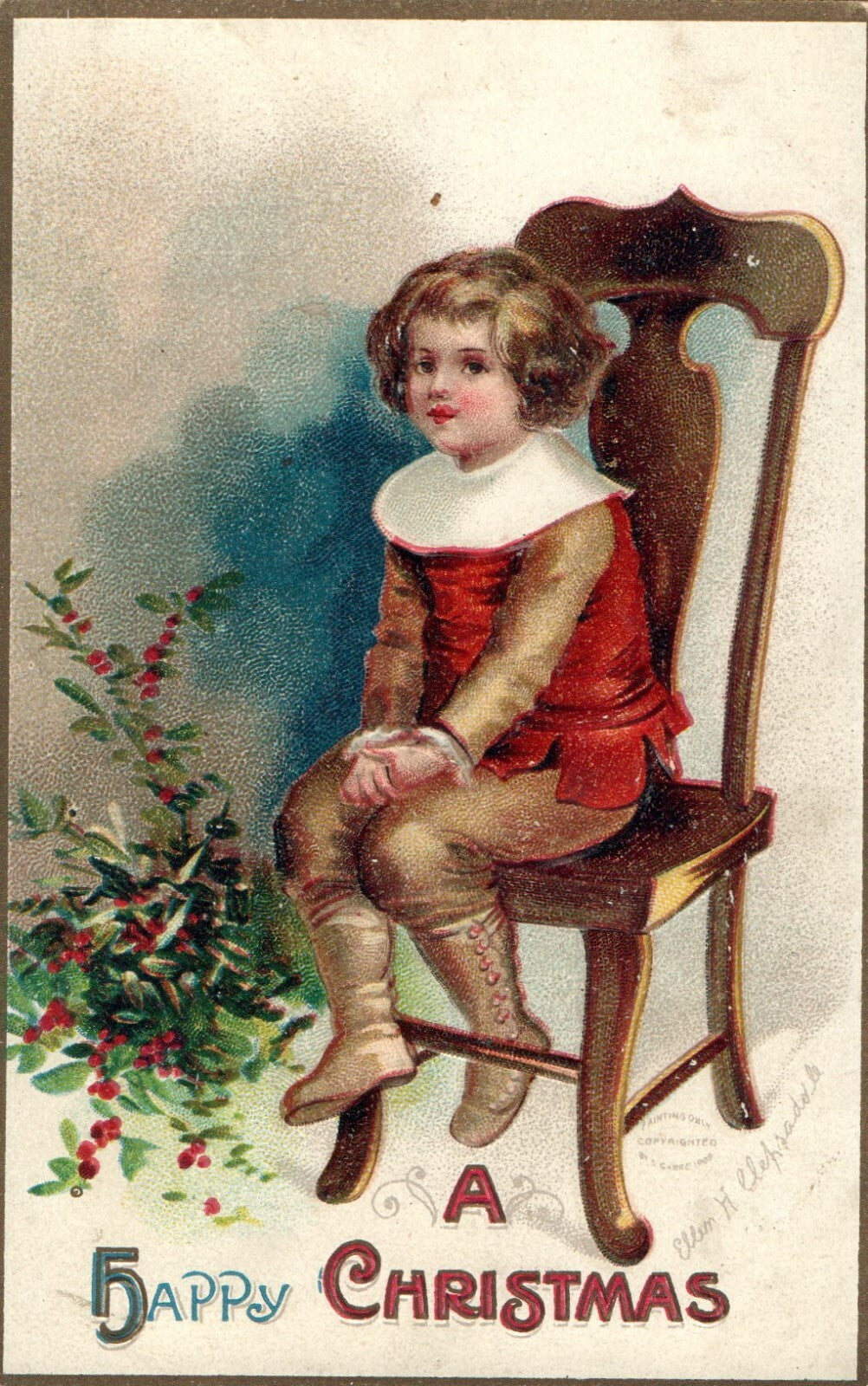 Embossed Boy Sitting Chair Next To Bouquet Of Holly Ellen H Clapsaddle Postcard