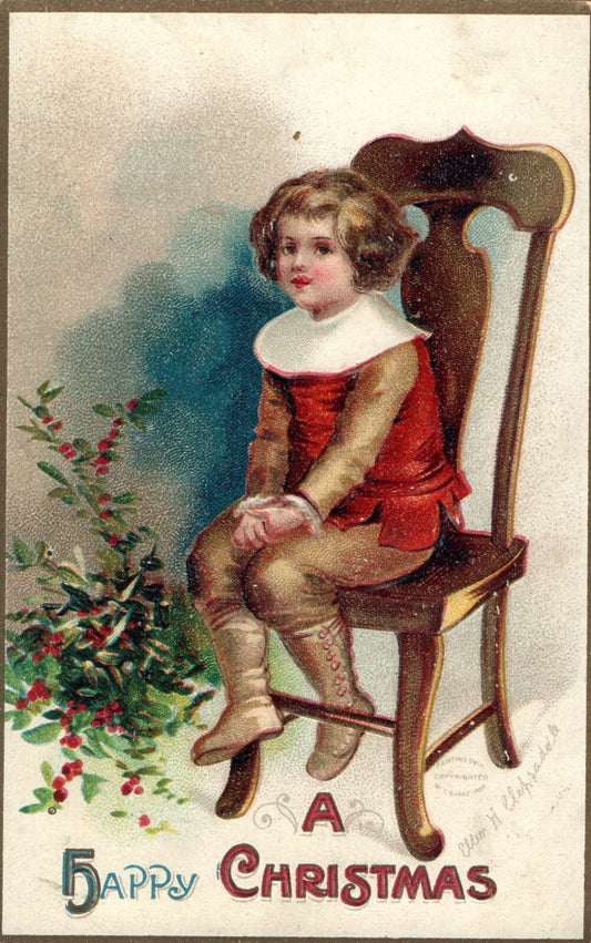 Embossed Boy Sitting Chair Next To Bouquet Of Holly Ellen H Clapsaddle Postcard