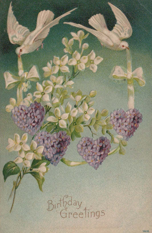 Set of Two White Doves Ribbons Floral Hearts Birthday Animal Bird Postcard 7842