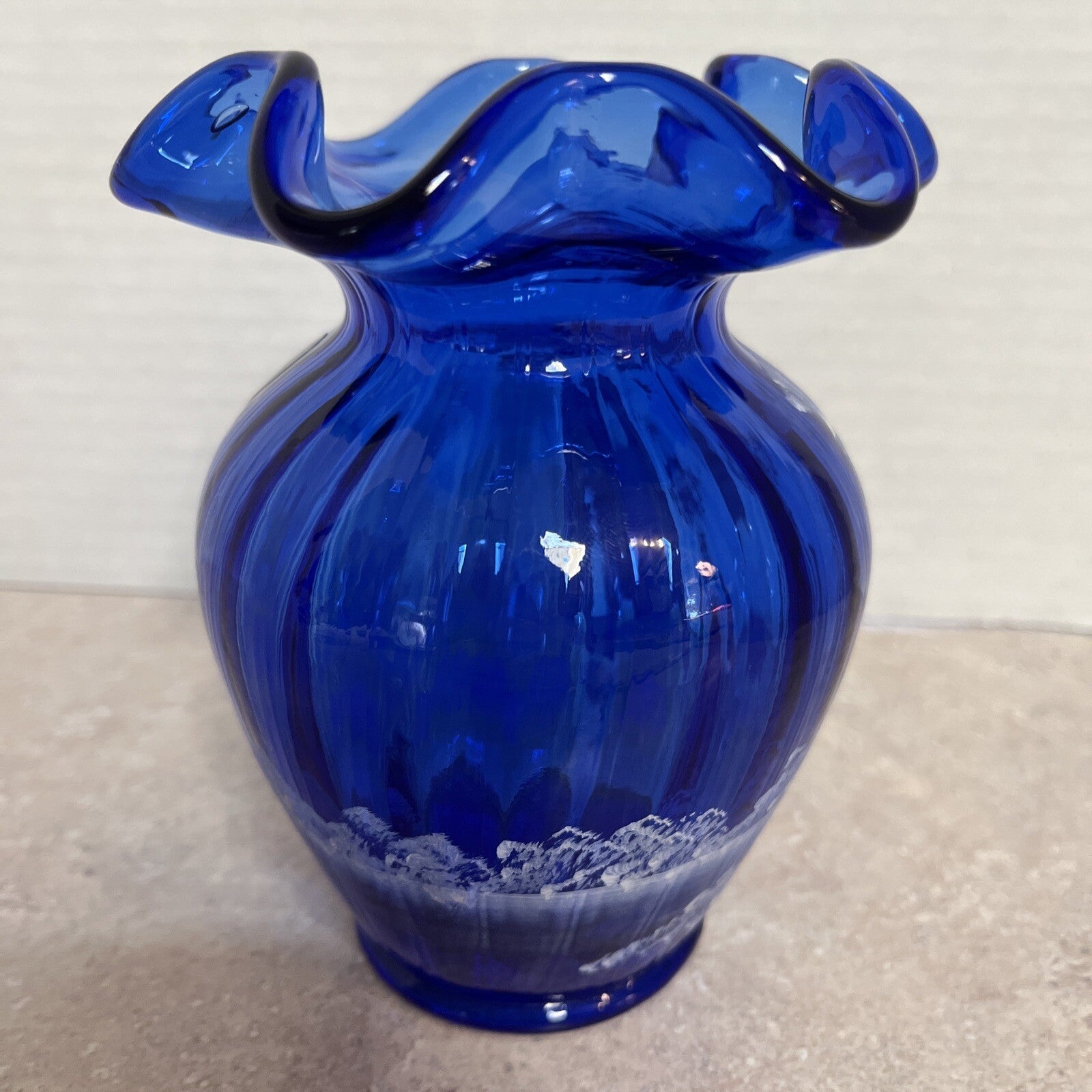 Sue Fenton MARY GREGORY COBALT BLUE VASE Girl Bird Watching W/ Cat 5.75” Signed