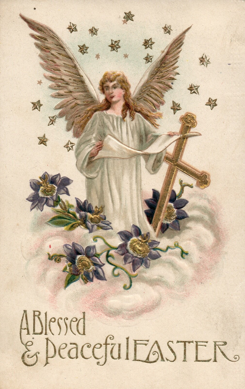  Easter Angel in Clouds Gold Embossed cross wings Postcard