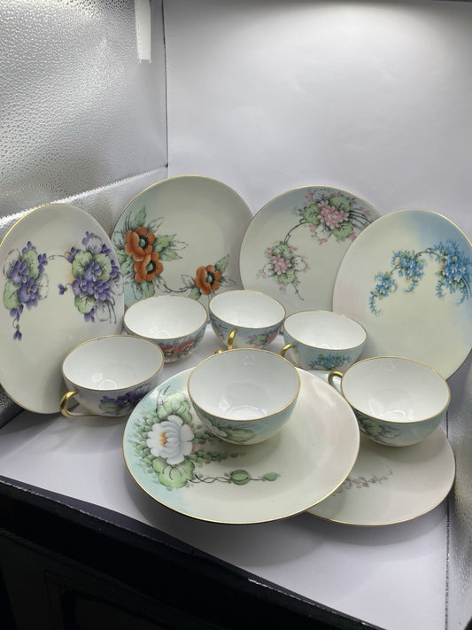 Vintage 6 Nippon 2 Piece Set Sandwich Plate & Cup W/Gold Trim And Flowers