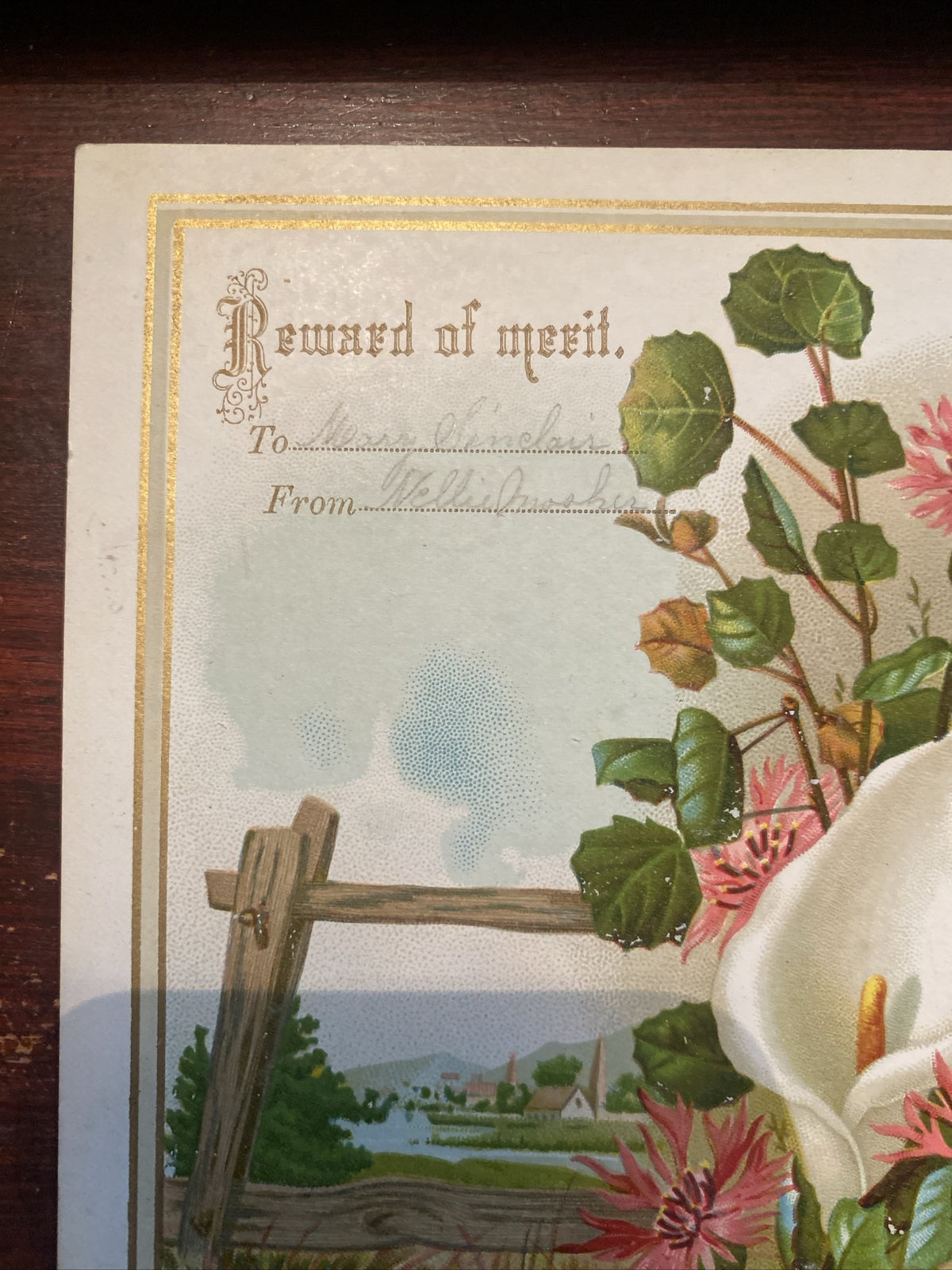 Reward of merit Vintage Victorian School Ephemera Lily Flower Split Rail Fence