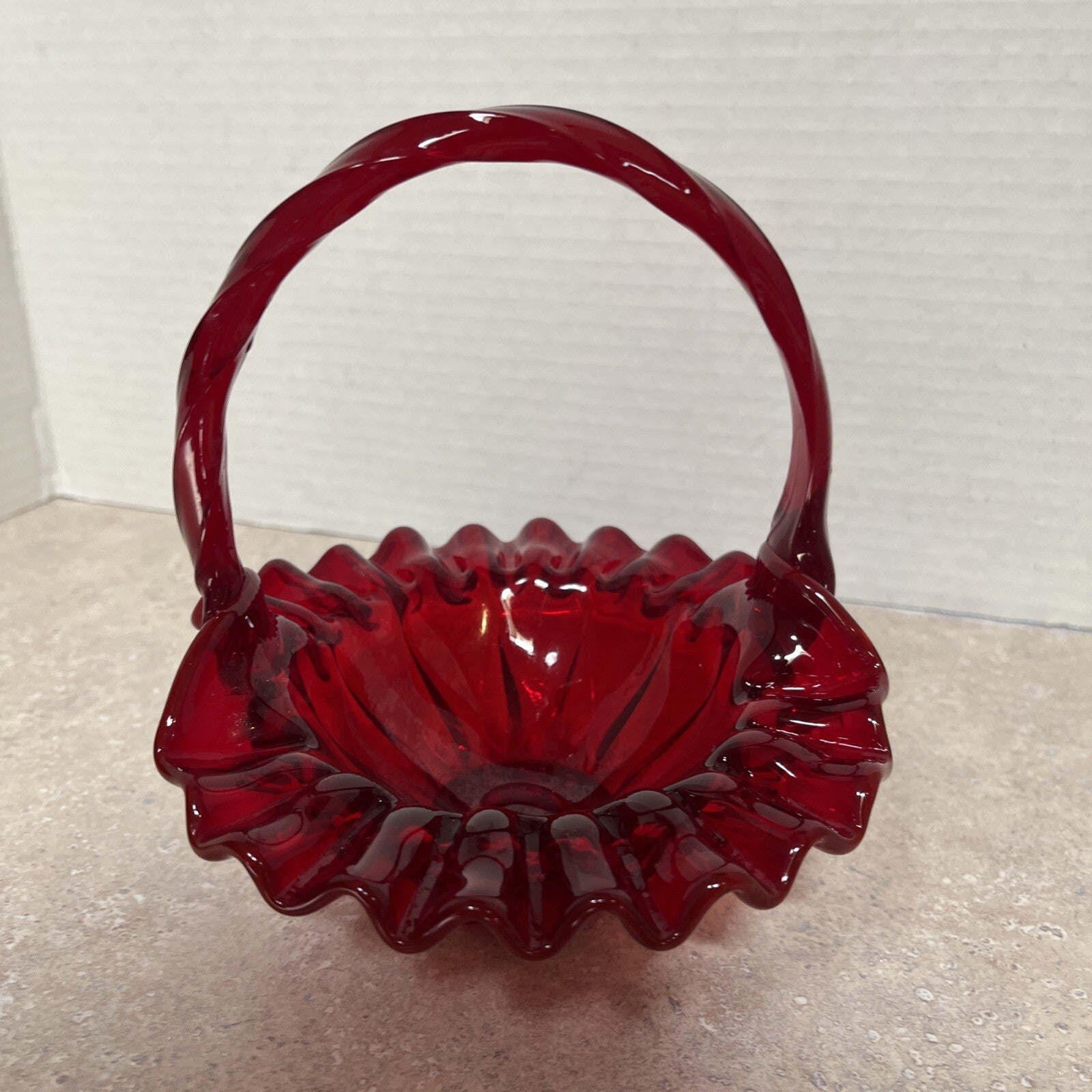 Vintage Fenton Ruby Red Smooth Glass Basket Ruffled Edges Twisted Handle