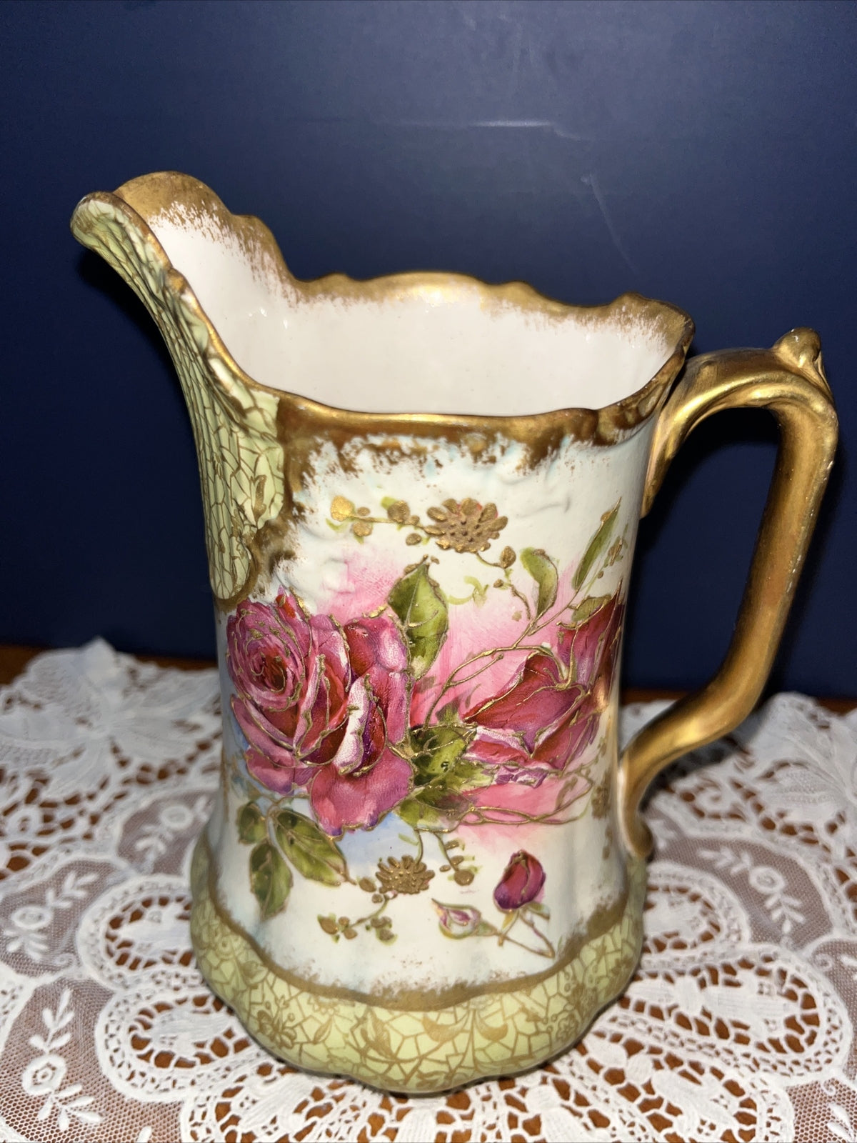 Adderleys England Hand Painted Gold Gilt Floral BOLD Roses Pitcher 7”