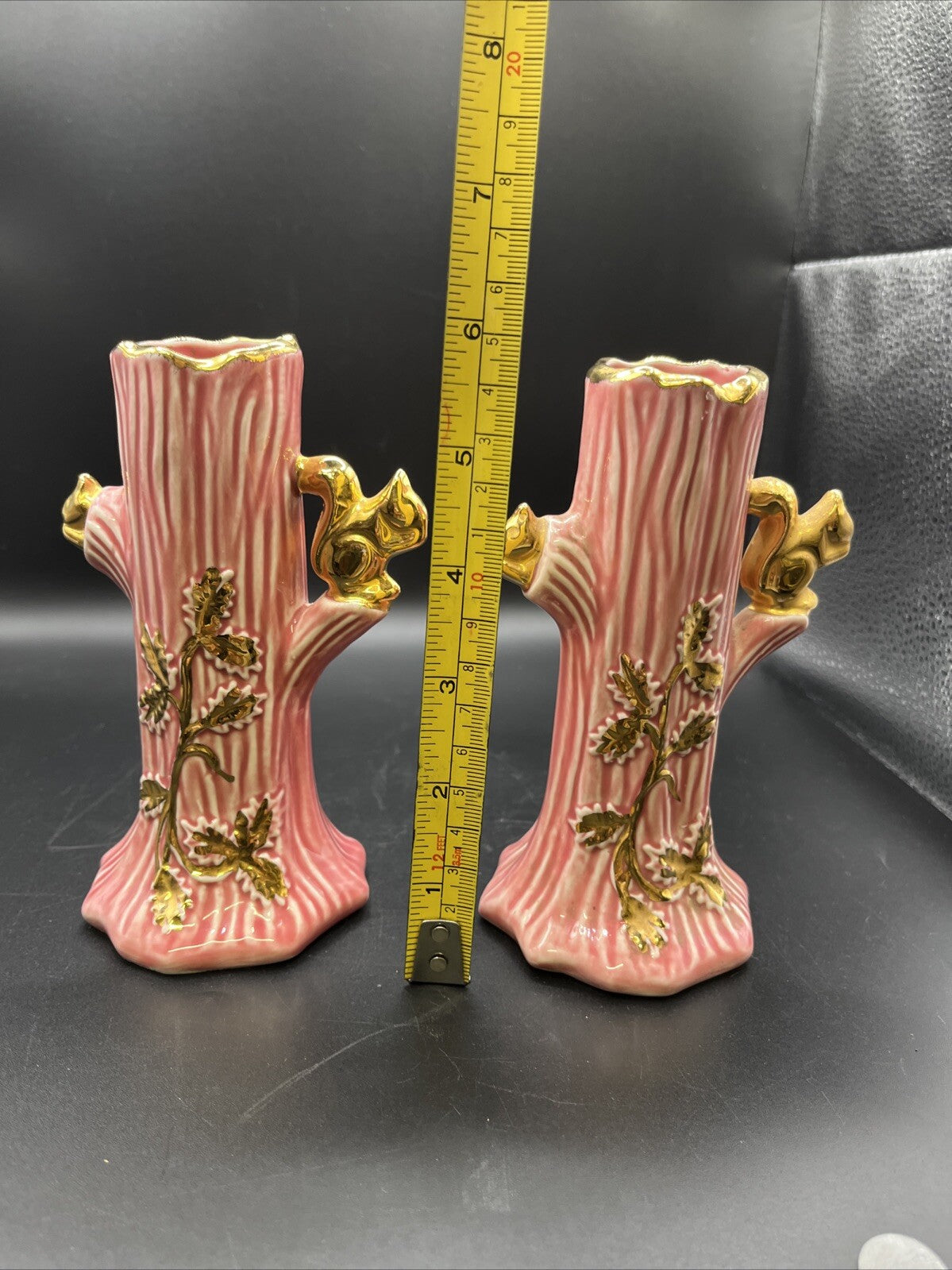 Vintage Pair Pink 22K Gold Holley Ross Squirrels in Tree Trunk Bud Vase 6" Tall