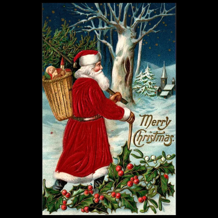 Silk Red Robed Santa Claus Walking in Winter Wonderland Snowy Scene Christmas