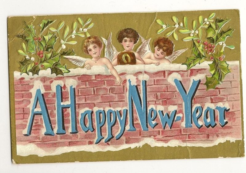 Angels over Red Brick Wall Holly Mistletoe New Year Holiday  Postcard