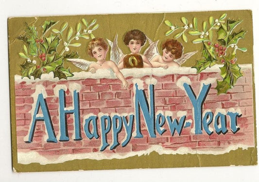 Angels over Red Brick Wall Holly Mistletoe New Year Holiday  Postcard