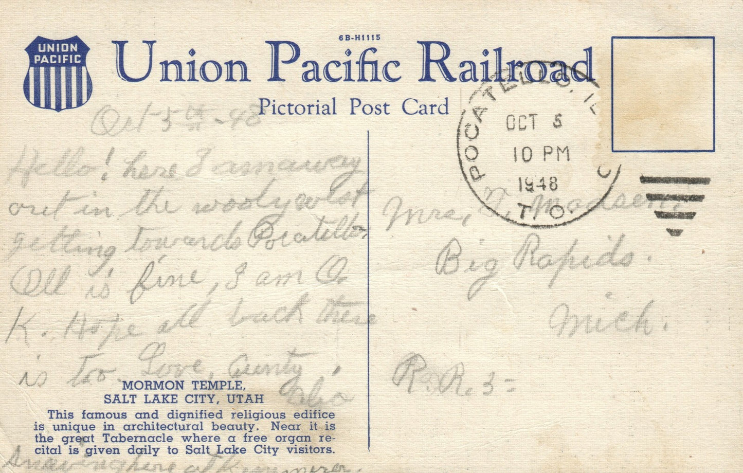 Mormon Temple Salt Lake City  UT Utah Postcard