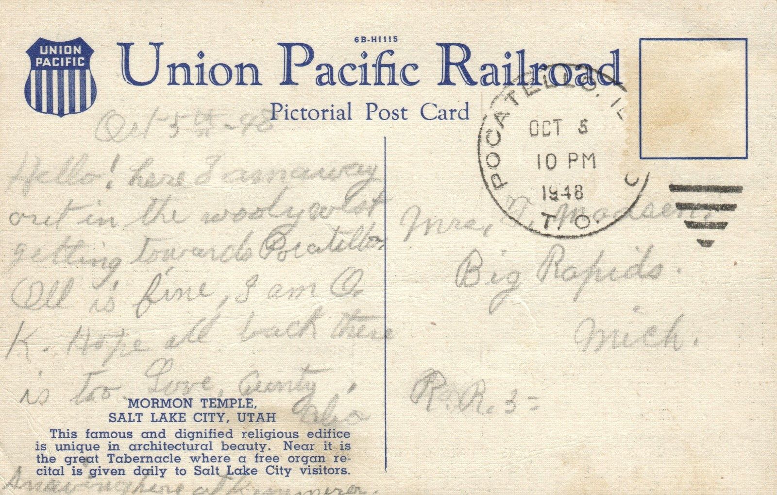 Mormon Temple Salt Lake City  UT Utah Postcard