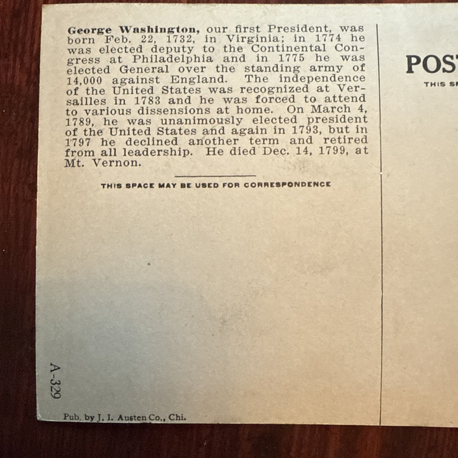 George Washington by J I Austen Postcard Eagle & Flags c1910's *Scarce