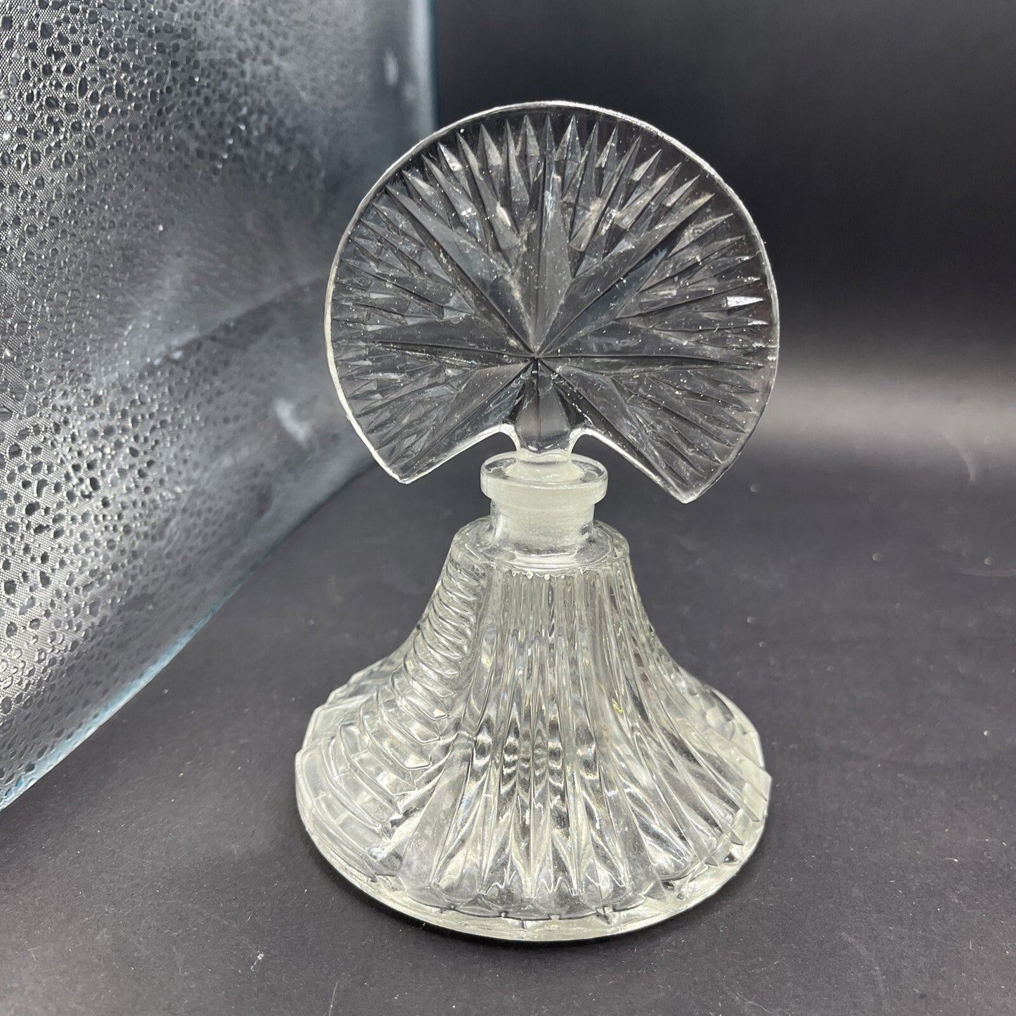 Art Deco Style Pressed Glass Perfume Bottle w/ Fan Star Stopper, Empty, Clear 5"