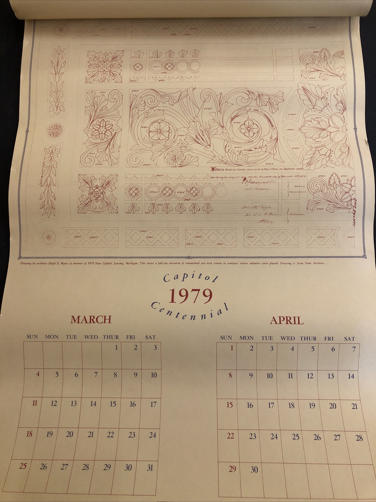 1979 Lansing Michigan Capital Centennial Architect drawings Calendar MI Mich
