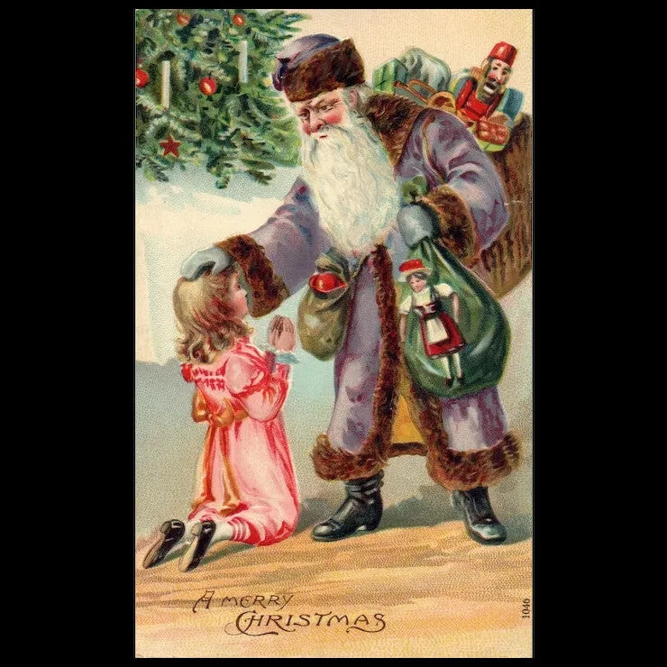 Early Purple robed Santa Claus Vintage Christmas postcard Little girl kneels