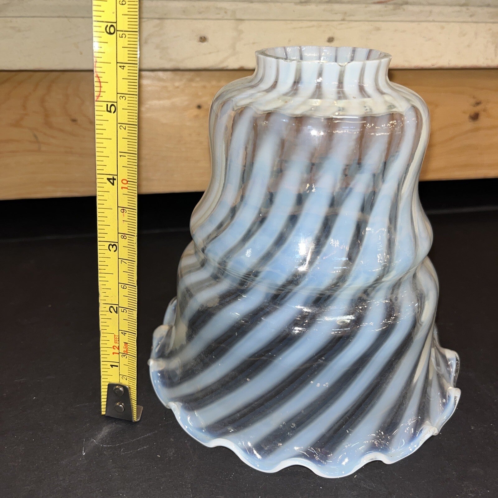 Fenton Handblown Opalescent Swirl Glass Ruffled Edge Lamp Shade White 6"