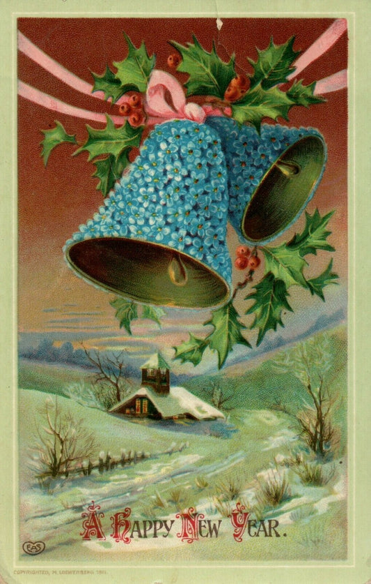1911 EAS Glossy Gel Bells Forget Me Not Happy New Year Postcard M Loewenberg 