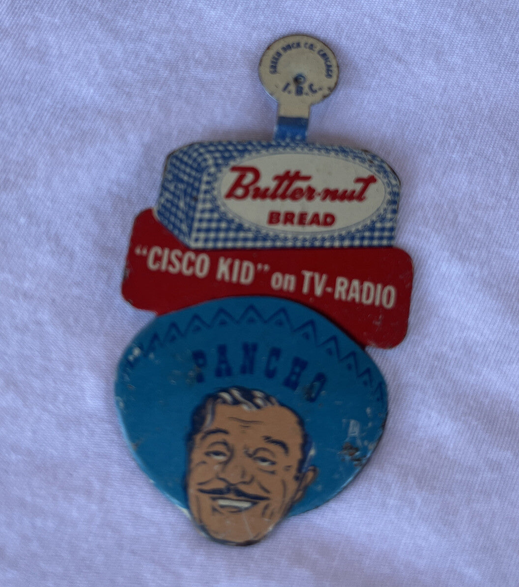 c.1950 CISCO Blue hat Cisco Kid Butternut Bread tin tab Radio & TV Show badge