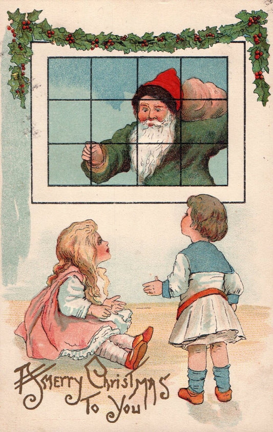 A Merry Christmas To You Santa Looking at Children Vintage Santa Postcard
