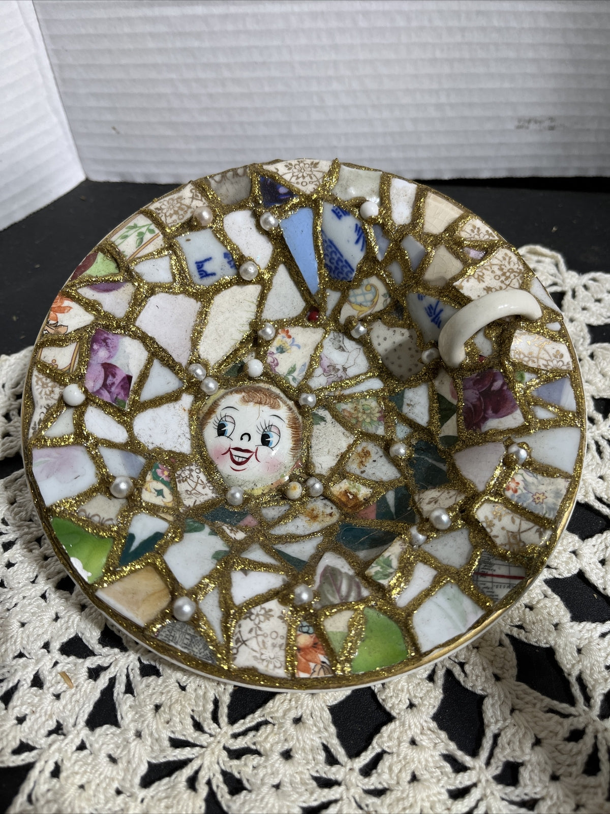 Vintage Hand Cut & Made Mosaic Vintage China Pieces, Funky Fun Piece