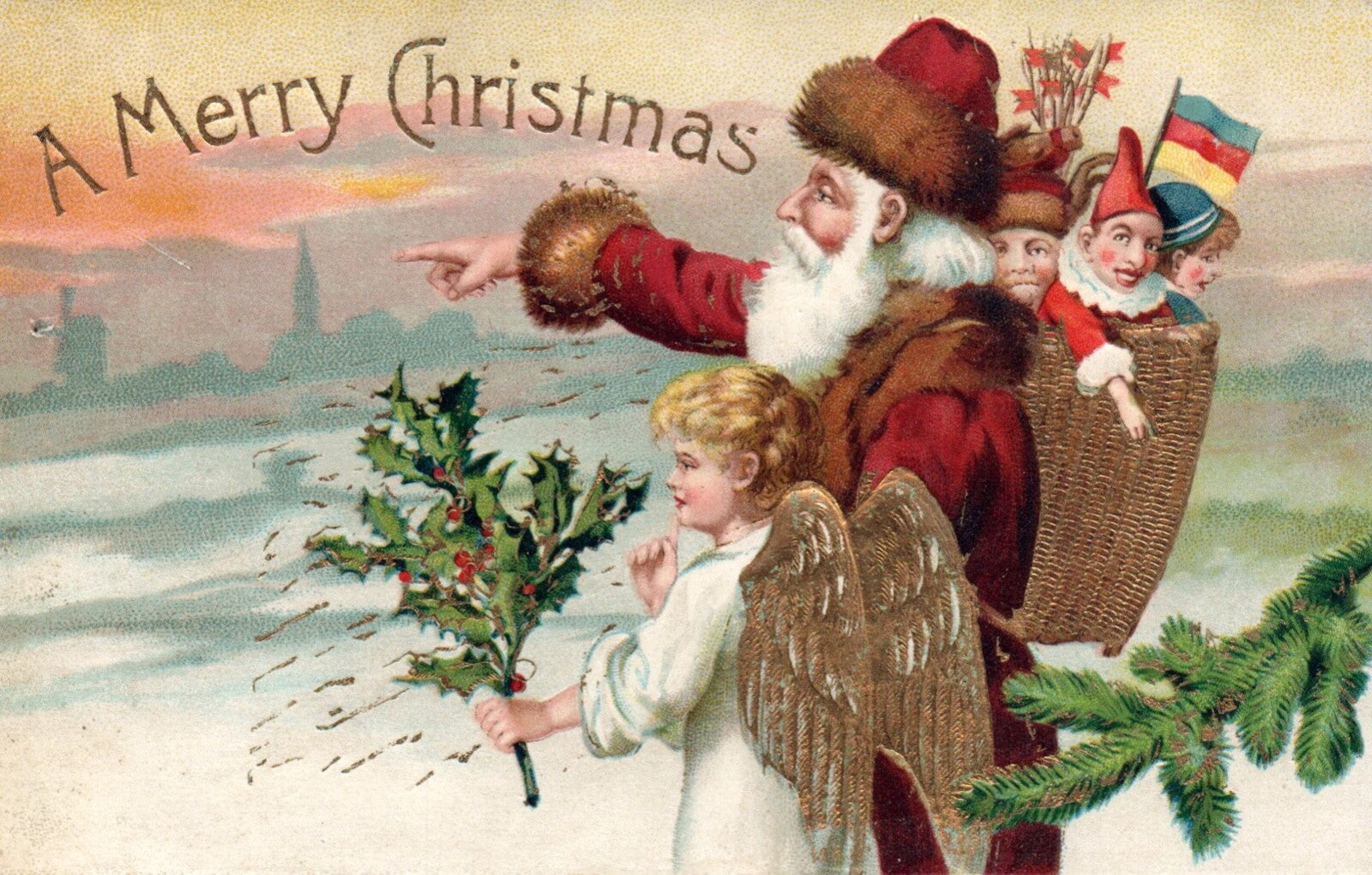 Gold Gilt A Merry Christmas Santa with Angel & Presents Vintage Santa Postcard