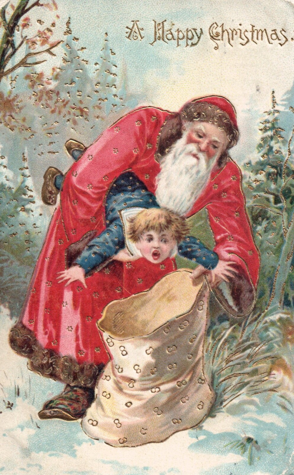 A Happy Christmas Santa Putting Boy Into Sack Gold Gilt Funny Santa Postcard