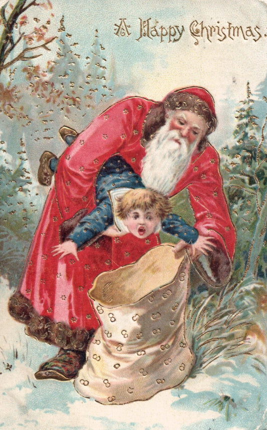 A Happy Christmas Santa Putting Boy Into Sack Gold Gilt Funny Santa Postcard