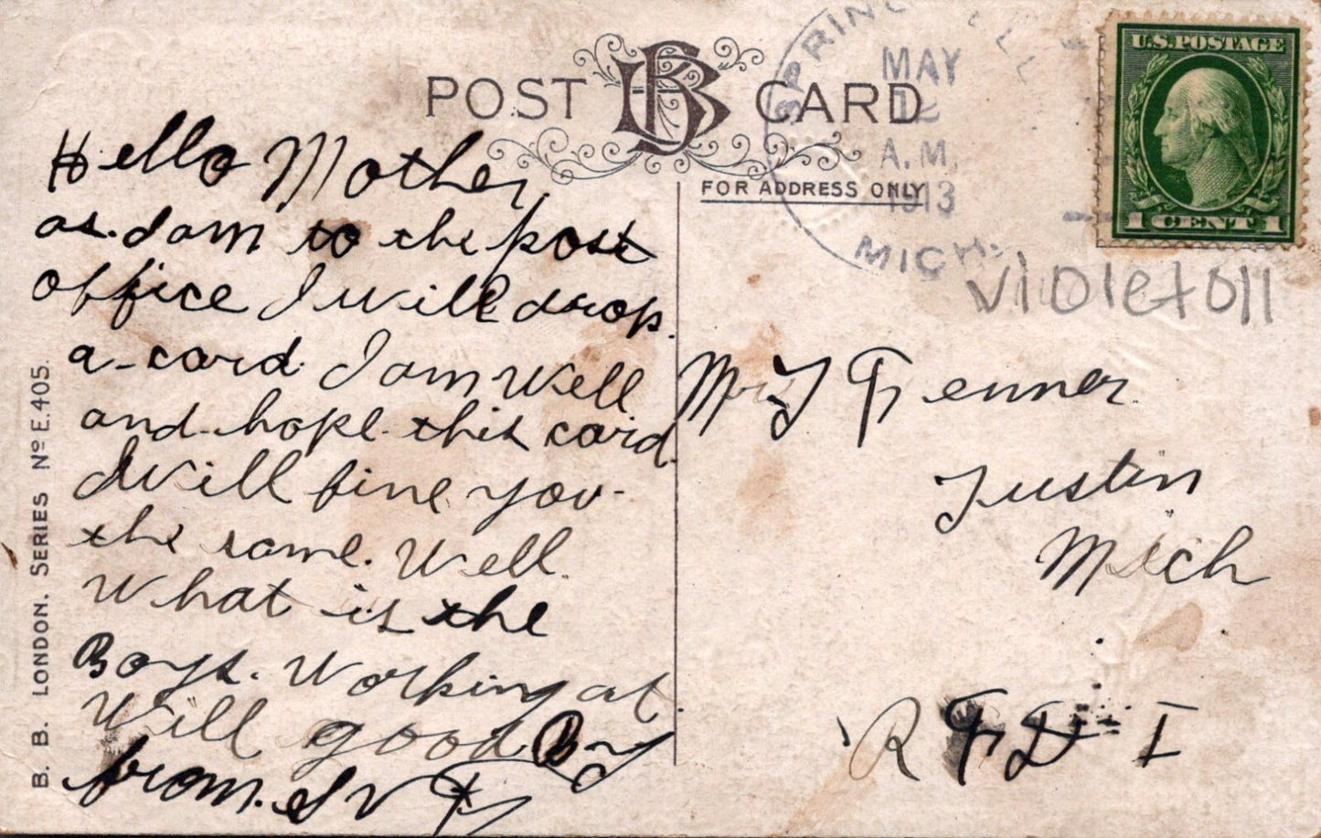 BB London Series 405 Gold Gilt Gel Violets Best Wishes Flower Floral Postcard