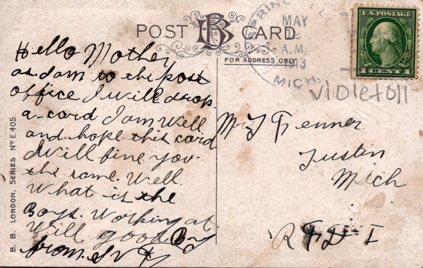 BB London Series 405 Gold Gilt Gel Violets Best Wishes Flower Floral Postcard