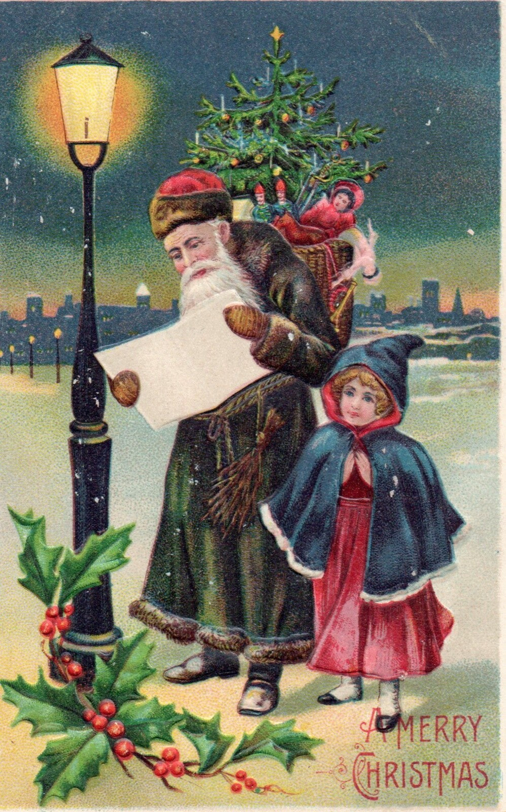 A Merry Christmas Santa With Child Delivering Gifts Vintage Santa Postcard