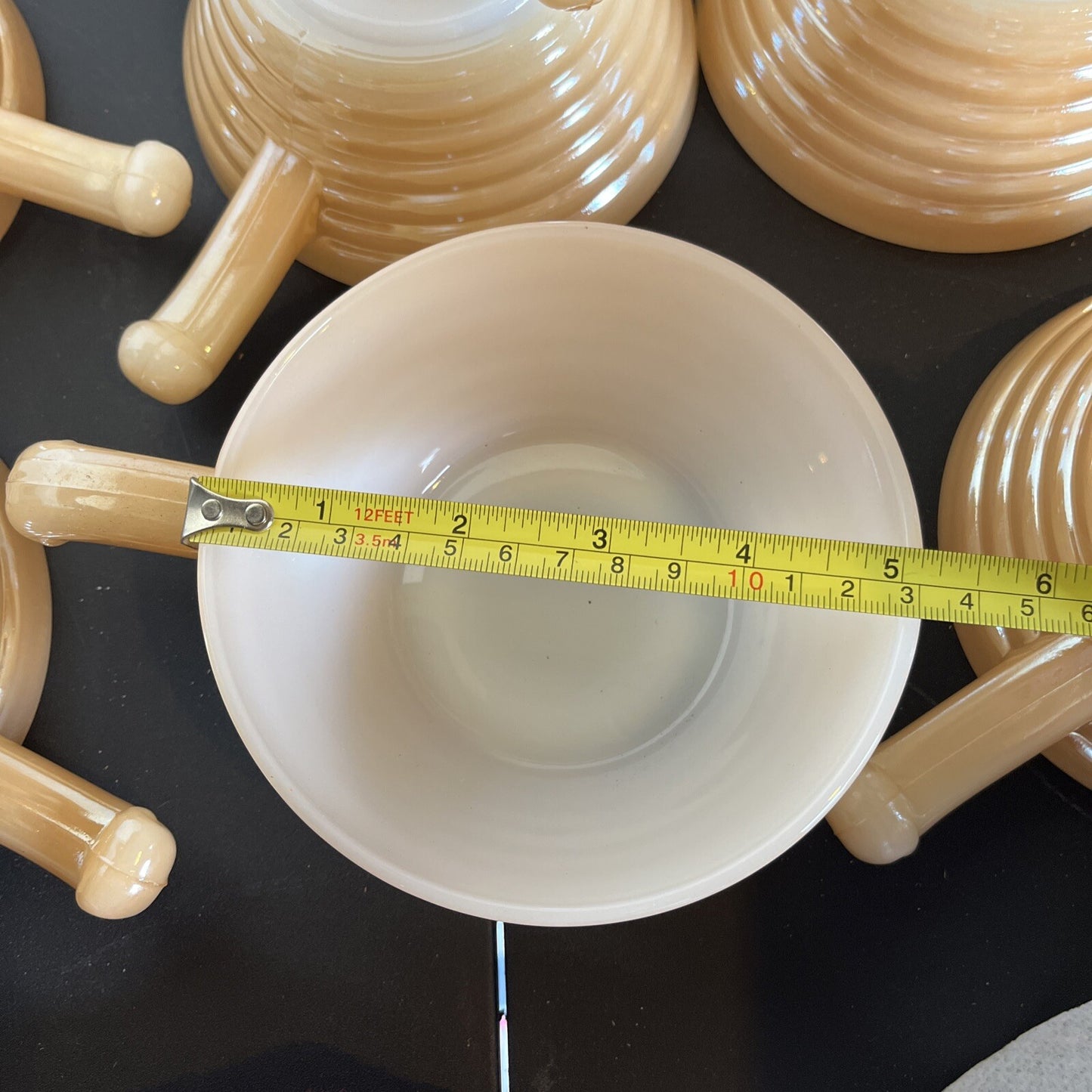 Fire King Iridescent Peach Luster Beehive Oven Ware Bowl w/Handle Vtg USA (10)