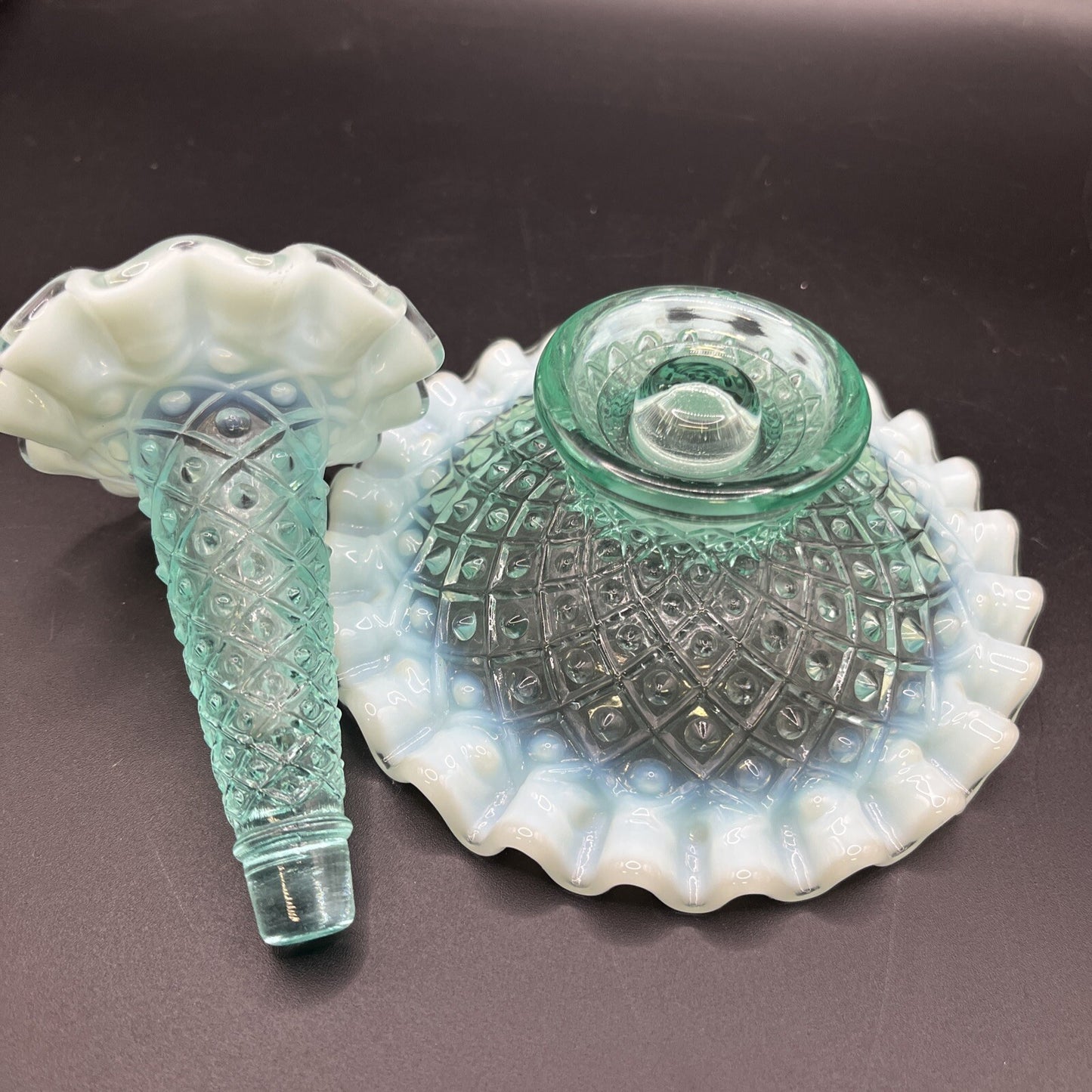Vintage Fenton Blue/green  Opalescent Epergne Vase 1940s Hobnail Horned Vase