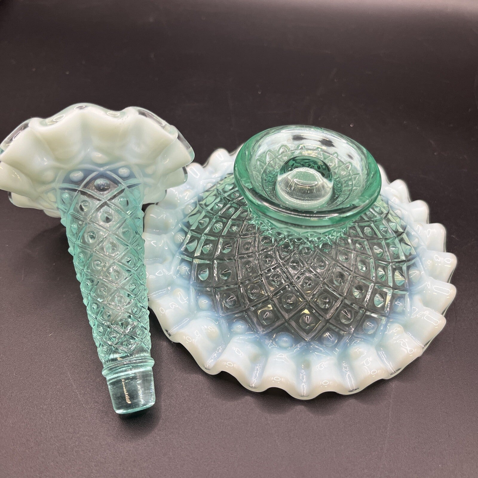 Vintage Fenton Blue/green  Opalescent Epergne Vase 1940s Hobnail Horned Vase