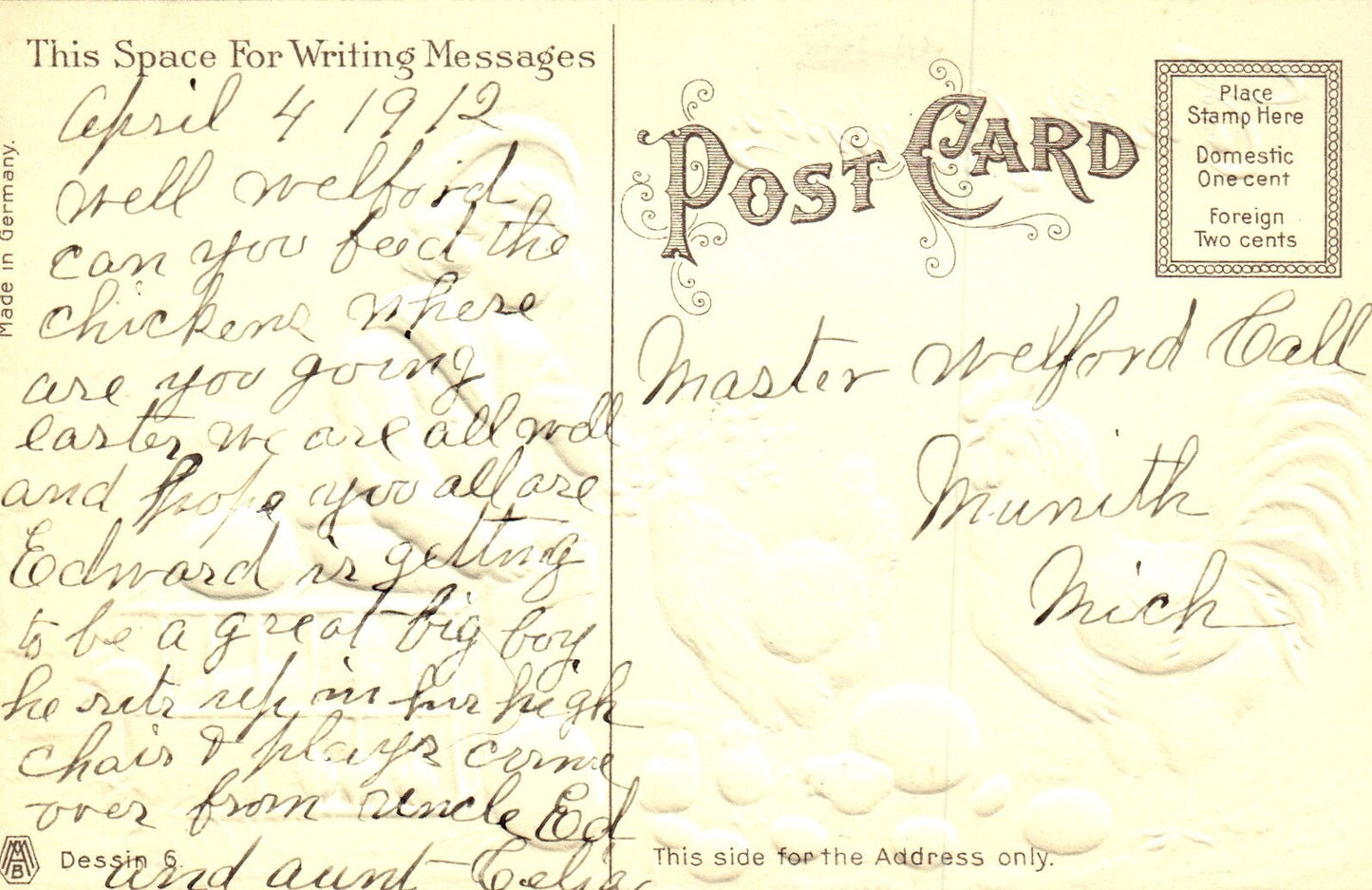 Easter Greetings Boy with Roosters & Chicks & Eggs Vintage Easter Postcard