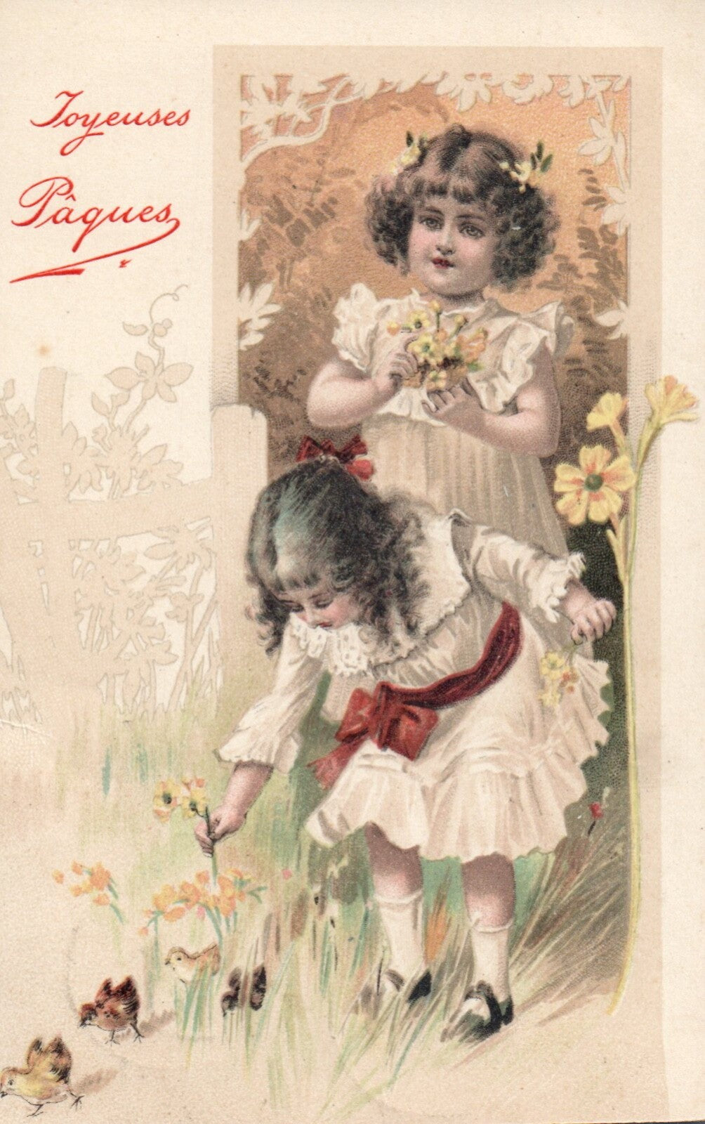 Happy Easter Little Girls Picking Flowers with Chicks Vintage Easter Postcard