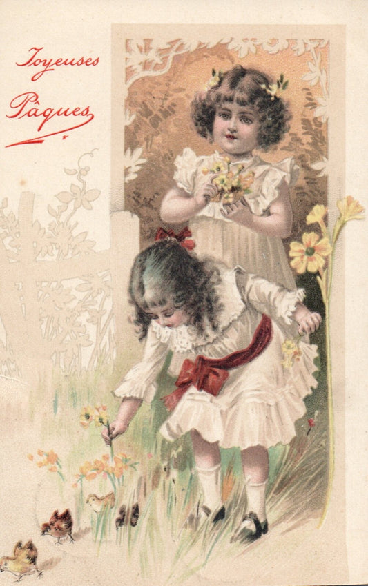 Happy Easter Little Girls Picking Flowers with Chicks Vintage Easter Postcard